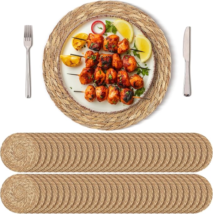 Kochorie Set of 60 Round Woven Placemats 13.8 Inches Bulrush Placemats Natural Hand-Woven Boho Rattan Placemat Wicker Table Mats Farmhouse Weave Place Mats for Home Dining