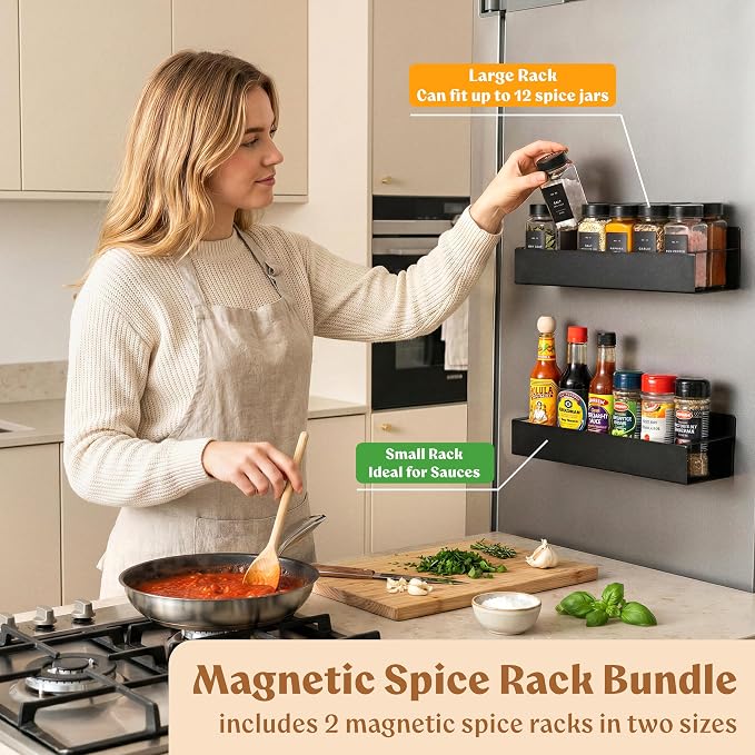 Square Glass Spice Jars (24 x 4oz) with Black Lids + Magnetic Spice Rack for Refrigerator (Fits 12 Jars) + Bonus Slim Auxiliary Rack, 240 Labels, Shaker Inserts, Funnel