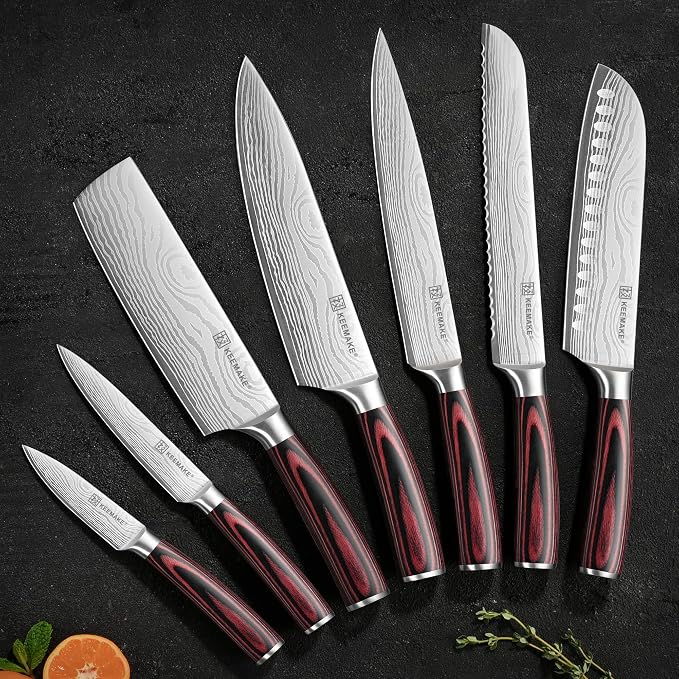 7 Pieces Kitchen Knife Set, Professional Ultra Sharp Chef Knife Set | Japanese High Carbon Stainless Steel with Pakkawood Handle, Kitchen Gadgets, Unique Gifts for Women Men