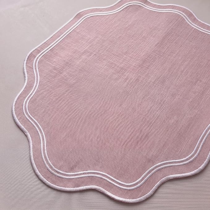 6 Pcs Pink Wedding Placemats Scalloped Embroidered Cotton Linen Placemats 17" x 13" Double Layered Machine Washable Table Place Mat for Party Table Decor (Cotton)