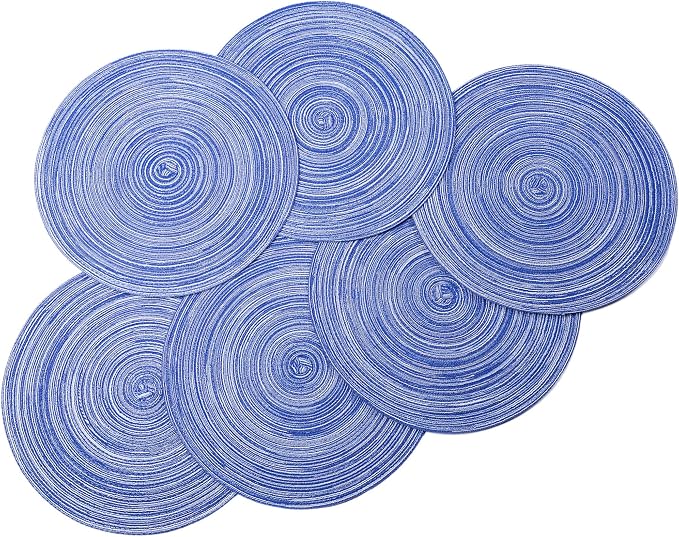 Zupro Round Placemats Set of 6,Braided Cotton Table Mats Heat Resistant Non-Slip Washable,for Kitchen Dining Tables Four Seasons Dinner Parties Thanksgiving Christmas and Everyday Use.Blue White