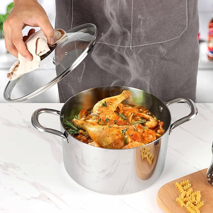 Herogo 4.5 Quart Stock Pot, Tri-Ply Cooking Pot with Lid, 18/10 Stainless Steel Pasta Stockpot with Handles, 4.5 QT Stockpot for Induction Electric Gas Stove, Dishwasher Safe