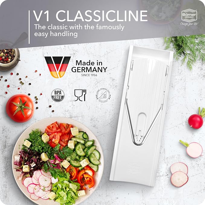 Borner Mandoline Food Slicer V1 (Basic Set) by Reston Lloyd • V-Slicer with Food Holder • Made in Germany • Fruit & Vegetable Chopper • Multiple Settings • Color: White