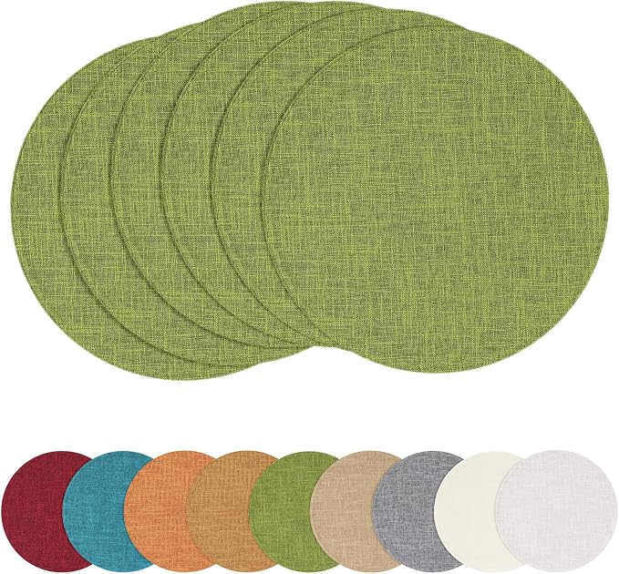 Cotton Linen 15 Inch Round Cloth Place mats, Set of 6, Grass Green | Washable Table Mats, Heat Resistant, Reversible, Wipeable Place Mats for Indoor Outdoor