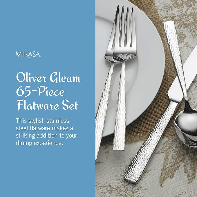 Mikasa Oliver Mirror 18/10 Stainless Steel Flatware Set for 12, 65-Piece Silverware Set with Serving Utensils, Dishwasher Safe Cutlery Set
