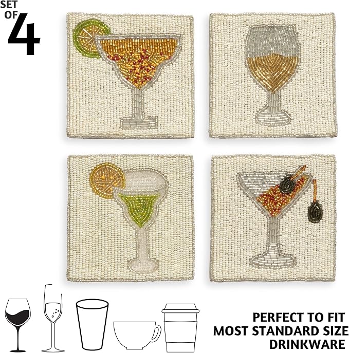 Folkulture Coasters Set of 4 for Drink, Coffee Bar Accessories, Table Décor | Cute, Beaded, Hand Crafted, Cocktail, Boho Coaster for Home, Party Decorations, Outdoor, Patio, House Warming Gifts New Home