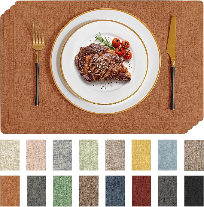 Romanstile Vinyl Placemats Set of 4-12 X 17 Inch - Faux Leather 100% Waterproof Wipeable Anti Slip Place Mats, Heat Resistant Reversible PU Table Mats for Kitchen Dining Party Outdoor, Orange