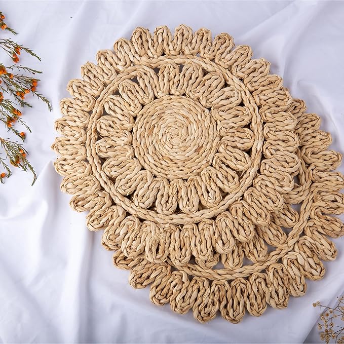 15" Corn Husk Woven Round Placemats Set of 4 - Wicker Boho Farmhouse Placemats - Rattan Table Mats Like Water Hyacinth for Dining Table, Wedding, Home, Christmas, Party