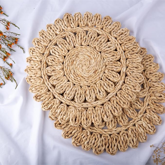 13.8" Corn Husk Woven Round Placemats Set of 6 - Wicker Boho Farmhouse Placemats - Rattan Table Mats for Dining Table, Wedding, Home