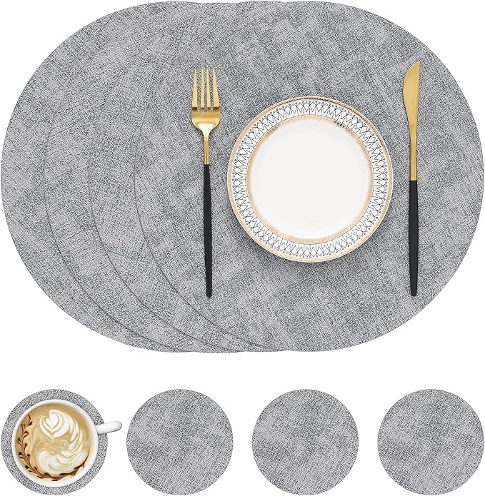 Round Faux Leather Placemat and Coaster 4 Packs, Washable Heat Resistant Dining Place Mats, Wipeable Double-Sided Table Mats for Indoor and Outdoor, Diameter 13 and 3.93 inch, Light Grey