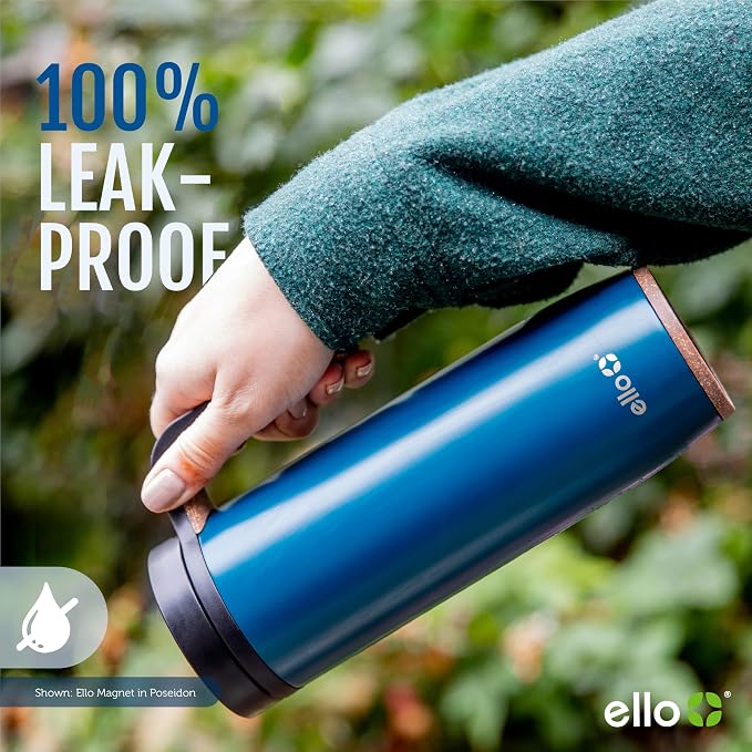 Ello Magnet 18oz Insulated Stainless Steel Travel Mug with Handle, Sage | Leakproof coffee tumbler with side handle and cork coaster. BPA-free, keeps drinks hot for 5 hours, great for coffee and tea.