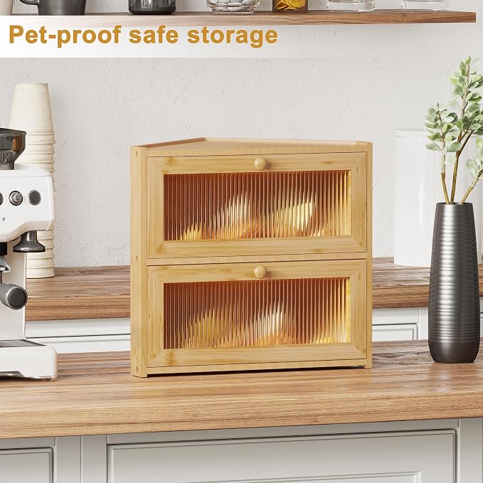 BAMBANG Corner Bread Box for Kitchen Countertop, Double Layer Bamboo Bread Storage Container with Wavy Windows, Farmhouse Large Bread Bin, Wooden Breadbox Holder for Homemade Bread (Natural)