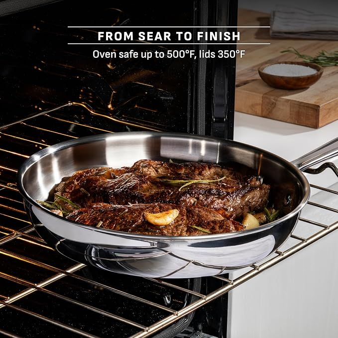 T-Fal Pro Tri-Ply Stainless Steel 10 in Frying Pan, Induction Skillet | Tri-ply construction, NSF professional grade, Built-in measuring marks, Sears steaks and fillets, Oven safe to 500 °F