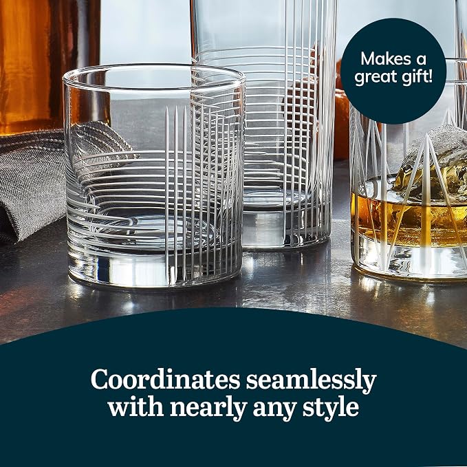 Libbey Cut Cocktails Rocks Glasses Set, Clean, Linear Glassware Drinking Glasses Set of 4, Dishwasher Safe Glasses for Weddings, Birthdays, and More