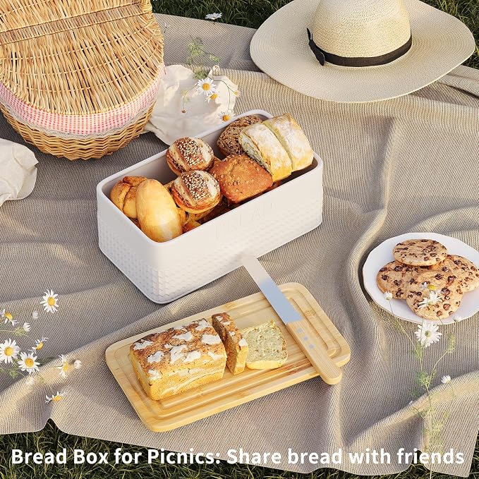 Bread Box for Kitchen Countertop,Metal Bread Storage Bin with Bamboo Cutting Board Lid, Includes Bread Knife, Fits Sourdough & Buns, Stylish Organize (White)