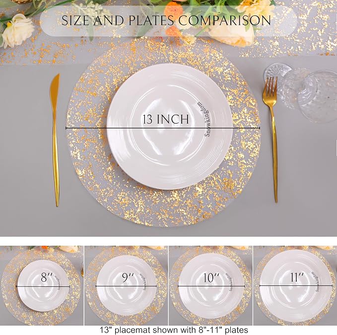 Snowkingdom Gold Placemats Set of 50, Golden Metallic Glitter Sheer Gauze Round 13 Inch Disposable Doilies Charger Place Mats, Dinning Table Mats for Party Wedding Birthday Christmas Holiday