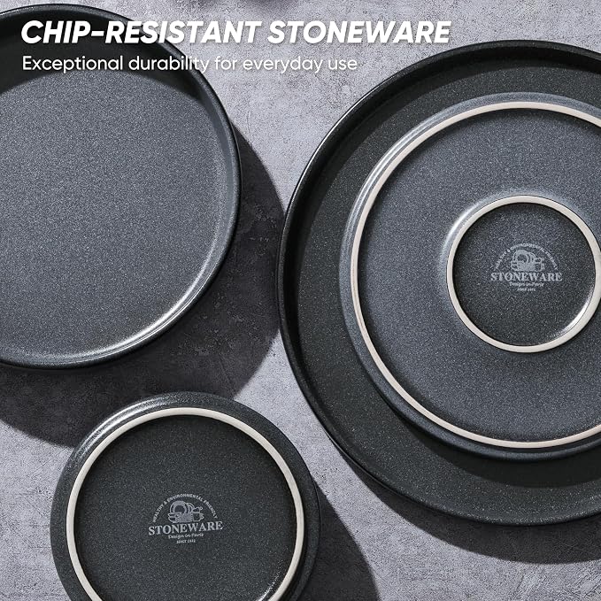 E-far Dinnerware Sets with Pasta Bowls, 24-Piece, Deep Gray | Stoneware Plates and Bowls Sets for 6, Chip and Scratch Resistant, Microwave & Dishwasher Safe Kitchen Modern Dish Set