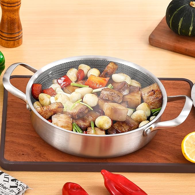 Inqibee 3 QT Saute Pan with Lid, 10 Inch Deep Frying Pan, Riveted Handle | Hybrid Ceramic Nonstick Cookware, Tri-Ply Stainless Steel Pan, PFOA Free, Induction Cooking Pan, Dishwasher and Oven Safe