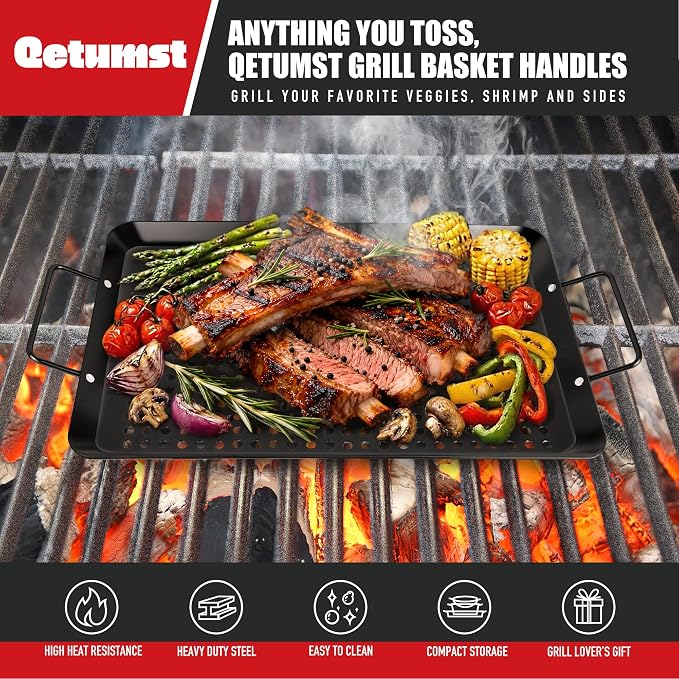 Qetumst 3 Piece Grill Baskets for Outdoor Grill, Vegetable Grilling Pan Set | Heavy duty grilling accessories. Vegetable grill baskets for veggies, seafood & meat. Warp resistant grill pan with handles.