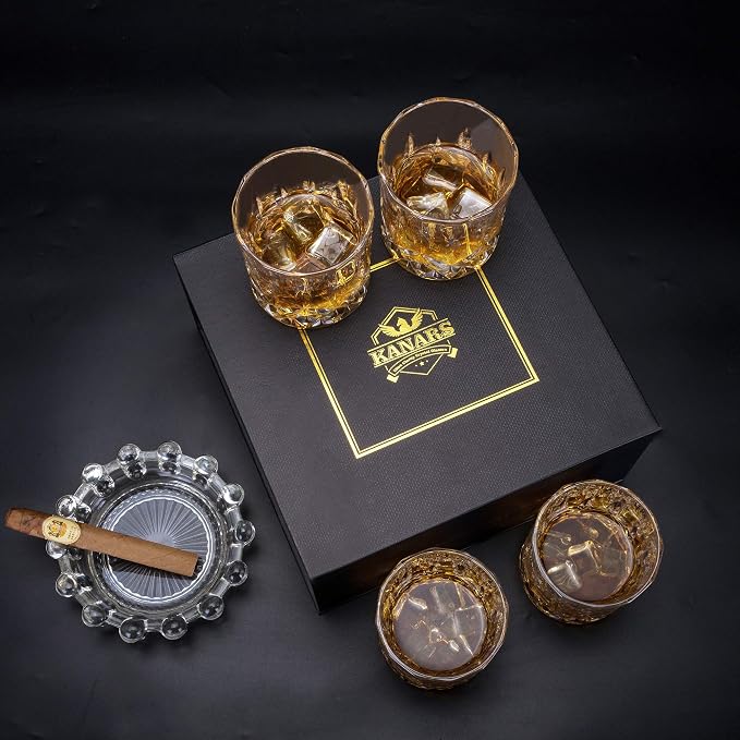 KANARS Old Fashioned Whiskey Glasses with Luxury Box - 10 Oz Rocks Barware For Scotch, Bourbon, Liquor and Cocktail Drinks - Set of 4 - Men Gift | Rocks Barware For Scotch, Bourbon, Liquor and Cocktail Drinks Set of 4 Men Gift