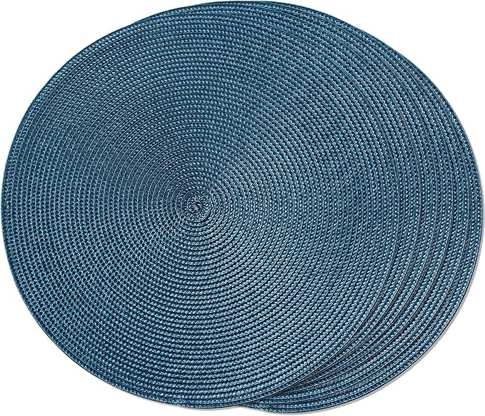 FunWheat Round Braided Placemats Set of 6 Table Mats for Dining Tables Woven Washable Non-Slip Place mats 15 in(Blue, 6pcs)