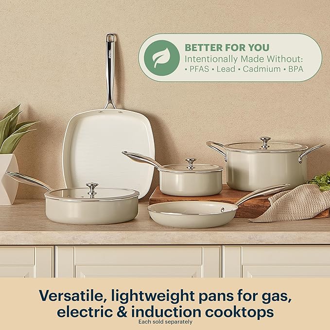 Pyrex 2-Piece Ceramic Cookware Grill & Fry Pan Set, Stainless Steel Handles | Healthy nonstick ceramic coating, induction compatible stainless steel, PFAS Lead Cadmium BPA Free