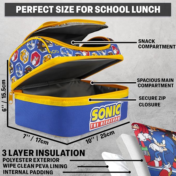 Get Trend Sonic the Hedgehog Kids Lunch Box 3 Pc Set with Insulated Lunch Bag, Bento Box with Two Mini Pots & 20 fl oz Water Bottle with Straw for School, Picnic, Gamer Gifts for Boys (Blue Sonic)