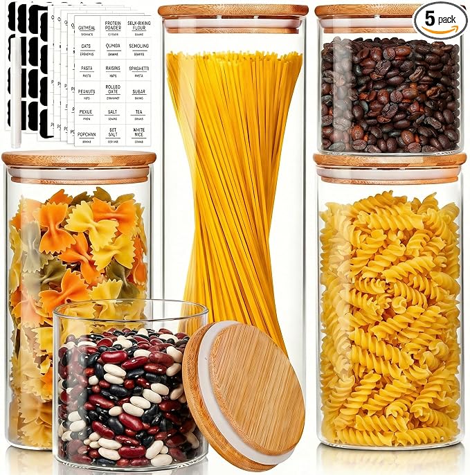 HomArtist Glass Jars with Bamboo Lids [Muti Size Set of 5], Glass Canisters with Airtight Lids, Glass Food Storage Containers for Pasta, Oats, Coffee, Flour, Sugar, Rice, Best for Kitchen & Pantry | 79oz/53oz/27oz Airtight Jars for Pantry & Kitchen, Du...
