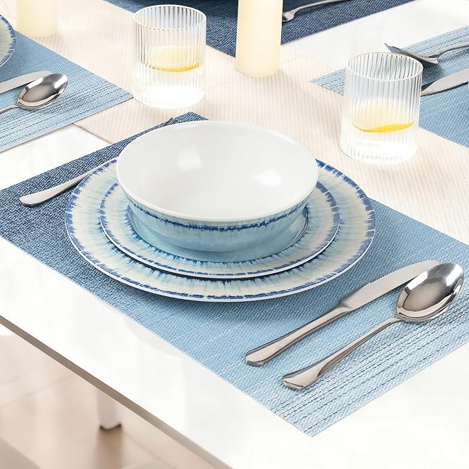 Melamine Dinnerware Set of 12 Pcs Dinner Dishes Set with 4 Placemats for Indoor and Outdoor Use, Dishwasher Safe, Lightweight Unbreakable, BPA Free, Light Blue