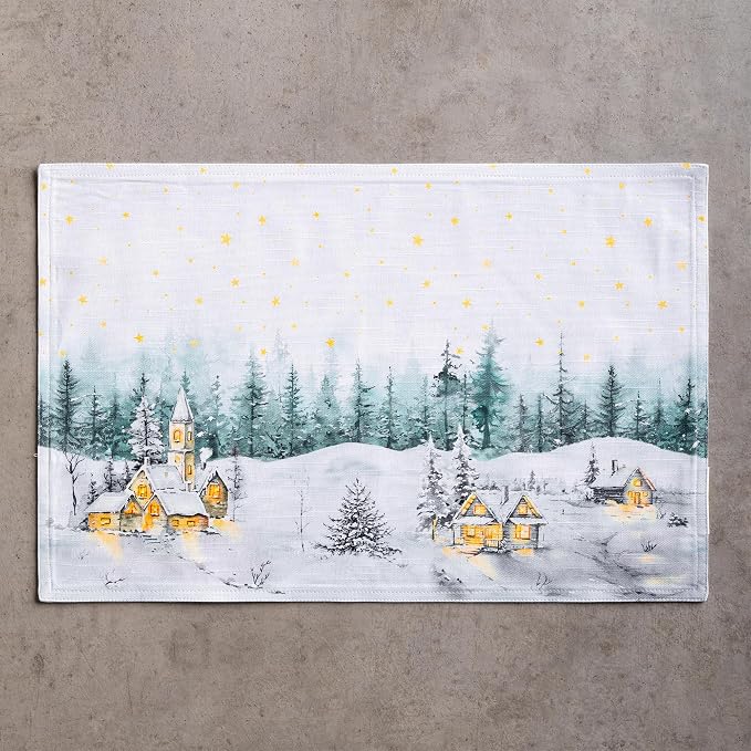 Maison d' Hermine Placemats Set of 4 Reusable 100% Cotton (13"x19") | Cloth Place Mats Washable Table Mats for Kitchen Dining Party Wedding Hotel Home Thanksgiving Christmas - Neige de Noel