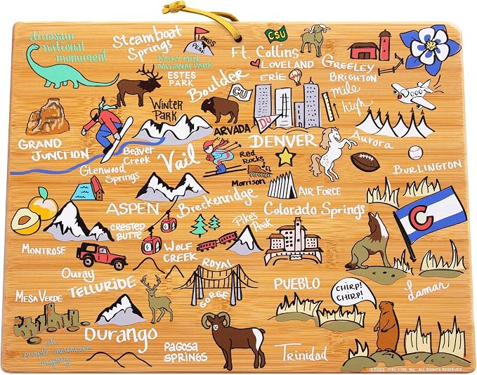 Totally Bamboo Colorado State Shaped Cutting Board, Art by Fish Kiss | State charcuterie board with colorful hand-drawn map artwork. Smooth reverse side for food prep. Hang tie for wall display.