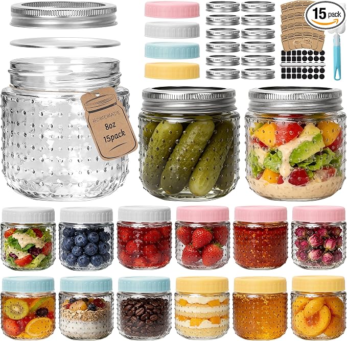 CycleMore 8 oz Mason Jars, 15 Pack Hobnail Design Canning Jars with Silver Metal & Colorful Plastic Lids, Glass Storage Jars for for Storing, Jam, Pickling, Crafts, Home Decor & DIY Gifts