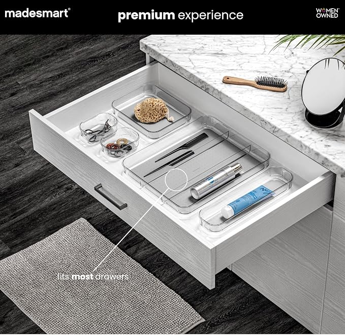 madesmart Clear 3 Compartment Utensil Tray, Grey | non slip feet, rounded corners, see through design, soft grip lining, wide channels, spatulas whisks tongs, woman owned