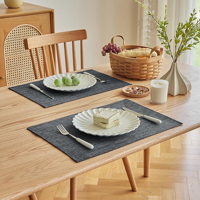 Softalker Faux Linen Placemats Set of 8-12 x 18 Inch, Heat Resistant Double Layered Durable Burlap Farmhouse Place Mats, Non-Slip Washable Rustic Table Mats for Dining, Kitchen, Party（Dark Grey