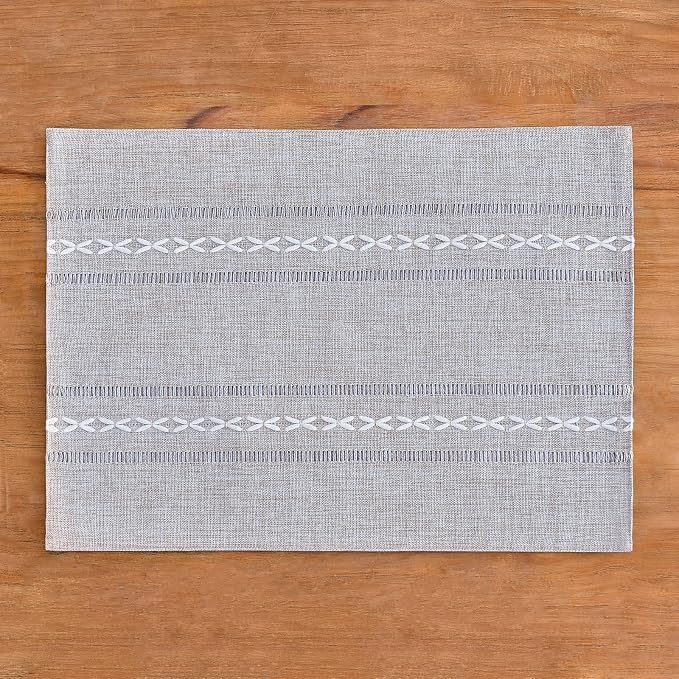 Wracra Cotton Linen Place Mats, Grey Embroidered Placemats Set of 8 | Placemats 12 x 18 Inch; Cotton Linen Woven Fabric; Heat Resistant Table Mats; Raised Embroidered Hollow Design