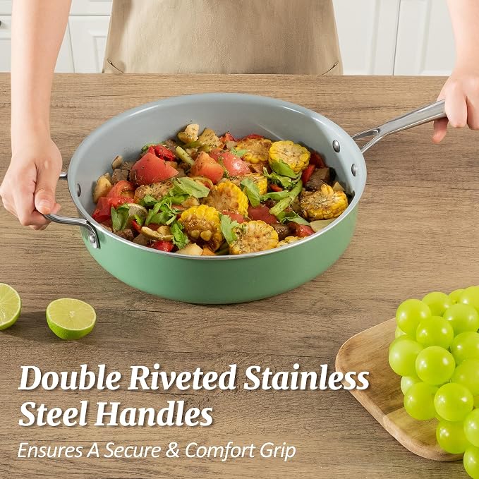 Nonstick Sauté Pan with Lid 5 QT Deep Frying Pan with Stainless Steel Handle 12 inch Large Skillet Ceramic Jumbo Cooker for Cooking Induction Compatible Frying Pan, Green
