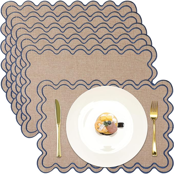 HunnmingRe Linen with Blue Set of 6 Cotton Linen Wedding Placemats, 13x19 Inch Scalloped Wavy Embroidery Placemat Double Layered Washable Rustic Rectangle Dinner Table Mat for Home Decor
