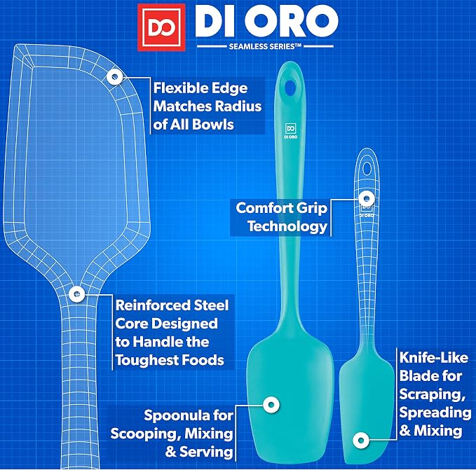 DI ORO Silicone Spatula Set - 600F Heat Resistant, 3-Pc Teal | Rubber scraper won't scratch nonstick pans; For baking, cooking, mixing, and frosting; BPA-free and dishwasher safe