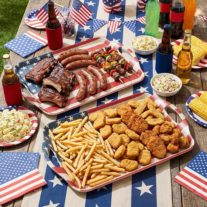 KINGEN 2-Pack Patriotic Bamboo Fiber Serving Trays - 17.3×12.2-inch Extra Large w/Handles Tray, Stars & Stripes Platters for 4th of July, Christmas, BBQ (4th of July Red White Blue Star, 17.3inch)