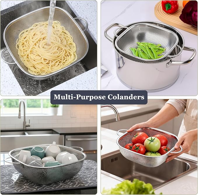 E-far Stainless Steel Colander Set of 3, Square Strainers and Colanders | Metal Kitchen Strainer with Handle for Draining Pasta Vegetable, Micro-Perforated & Elevated Feet, Dishwasher Safe(2.4/4/6QT)