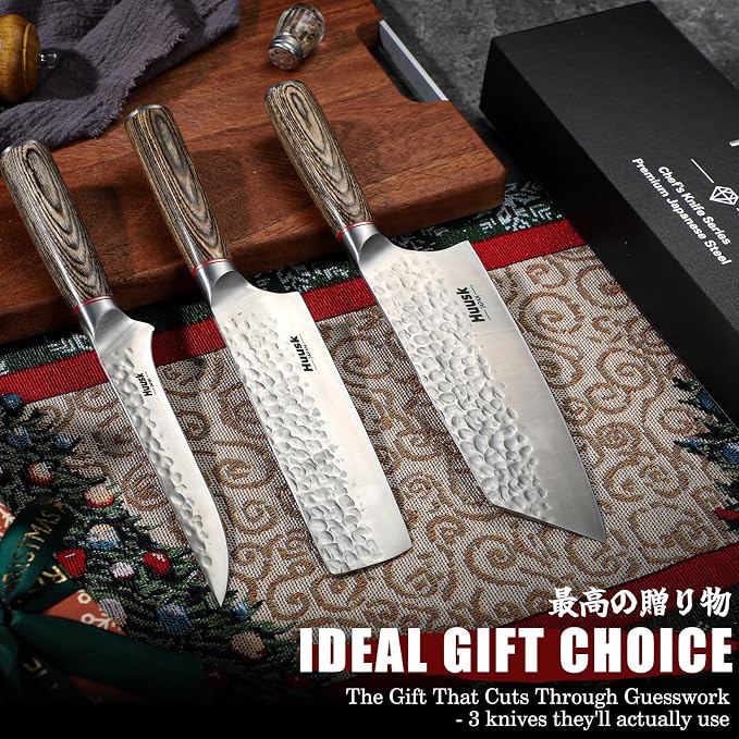 Huusk Kitchen Knife Set of 3 - Japanese Nakiri Vegetable Knife | Meat Cleaver Boning Knife for Meat Cutting, Hand Forged Butcher Chef Knives Set for Kitchen Cooking, Gift for Chef Men Women