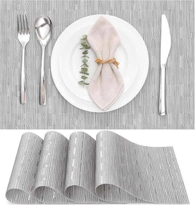 Myir JUN Placemats Set of 4 Kitchen and Dining Table Placemats | Vinyl Placemats Place Mats Indoor/Outdoor Set of 4 Washable Table Mats Non-Slip Place mats for Dining Table, Silver