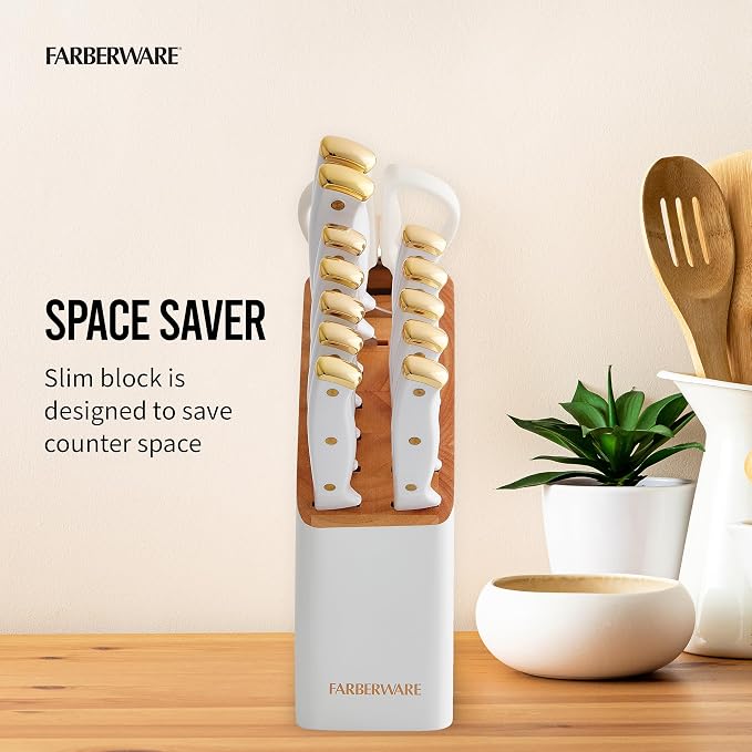 Farberware 15-Piece Knife Block Set, High-Carbon Stainless Steel Kitchen Knife Set with Triple Rivet Gold Endcap Handles and Slim Wood Block, White