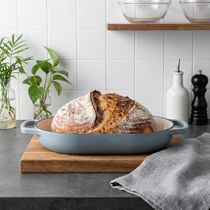 Enameled Cast Iron Dutch Oven Pot with Dome Lid, Oval Bread Oven for Homemade Sourdough Bread Baking, Oven Safe up to 500°F, 6 Quart, Sea Salt