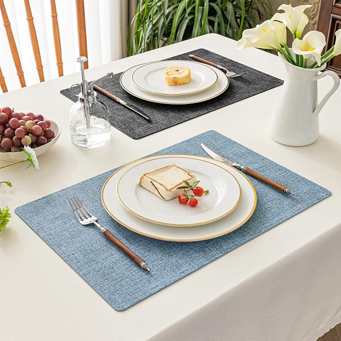 Romanstile Vinyl Placemats Set of 6, Reversible Faux Leather Heat Resistant Wipeable Table Mats, Waterproof Washable Non-Slip Table Placemats for Dining/Kitchen/Outdoor (Grey Sky Blue, 12" x 17")