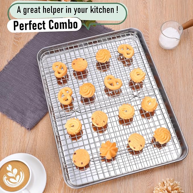 Homikit Baking Sheet with Wire Rack Set (1 Pan+1 Cooling Rack), 16" x 12" | Stainless Steel Jelly Roll Pan with Grid Cooling Rack, Nonstick Baking Cookie Bacon Tray for Oven Cooking, Dishwasher Safe