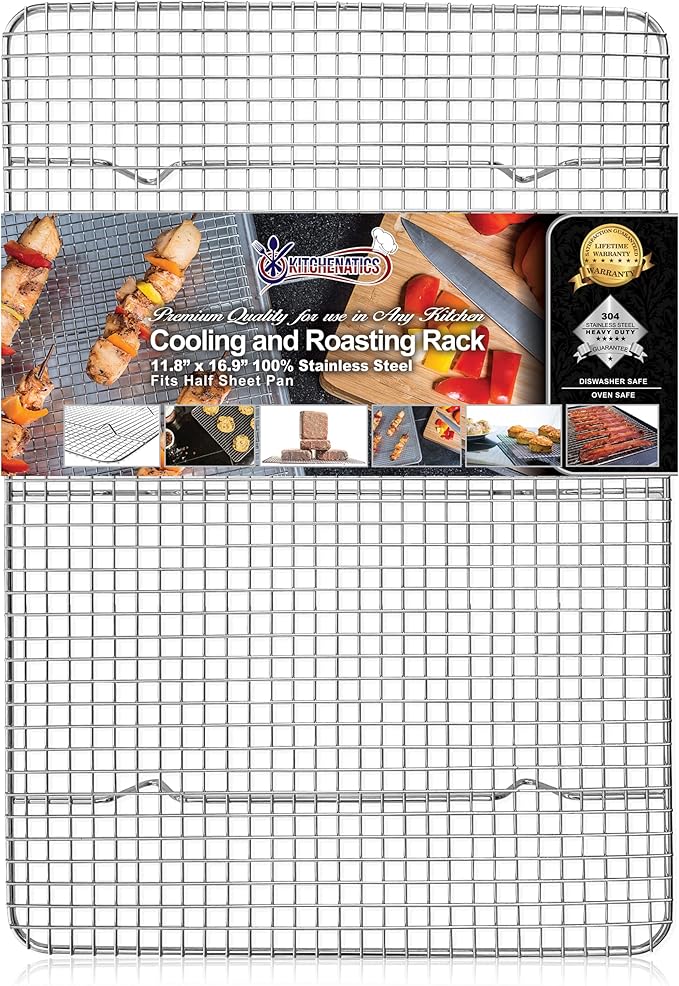 Half Sheet Wire Rack Rust Free Even Airflow 11.8 x 16.9 Inches | Fits inside a standard half sheet pan to lift food for even heat while baking, grilling or cooling
