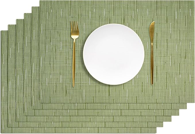 AUAUY Placemats Set of 6, Non-Slip Heat Resistant Table Mats, Green | 6pcs PVC Vinyl Woven Table Placemats Washable for Kitchen Dinning Restaurant, Farmhouse