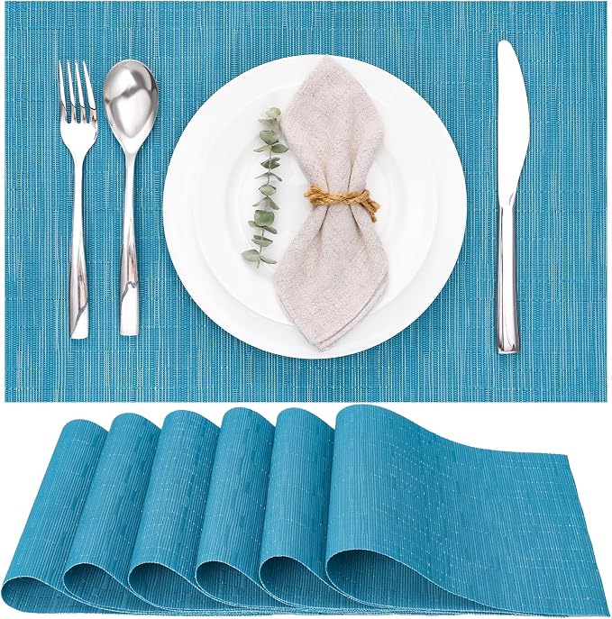 Myir JUN Placemats Set of 6 Kitchen and Dining Table Placemats | Vinyl Placemats Place Mats Indoor/Outdoor Set of 6 Washable Table Mats Non-Slip Place mats for Dining Table, Blue