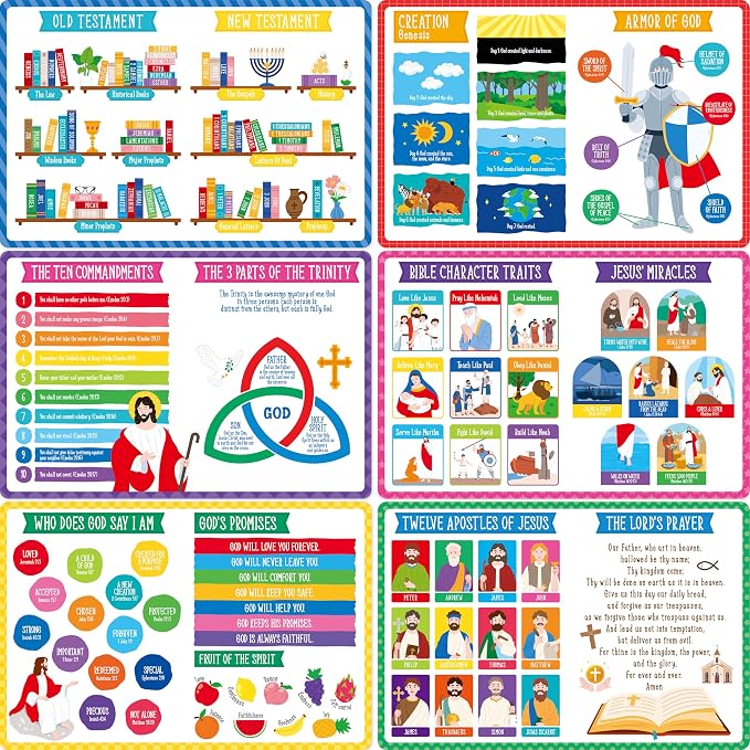 6 Pack Placemats for Kids, Non-Slip Washable Table Mats, Reusable Bible Themed Dining Mat, Educational Placemats for Home, Kindergarten, Classroom, Nursery